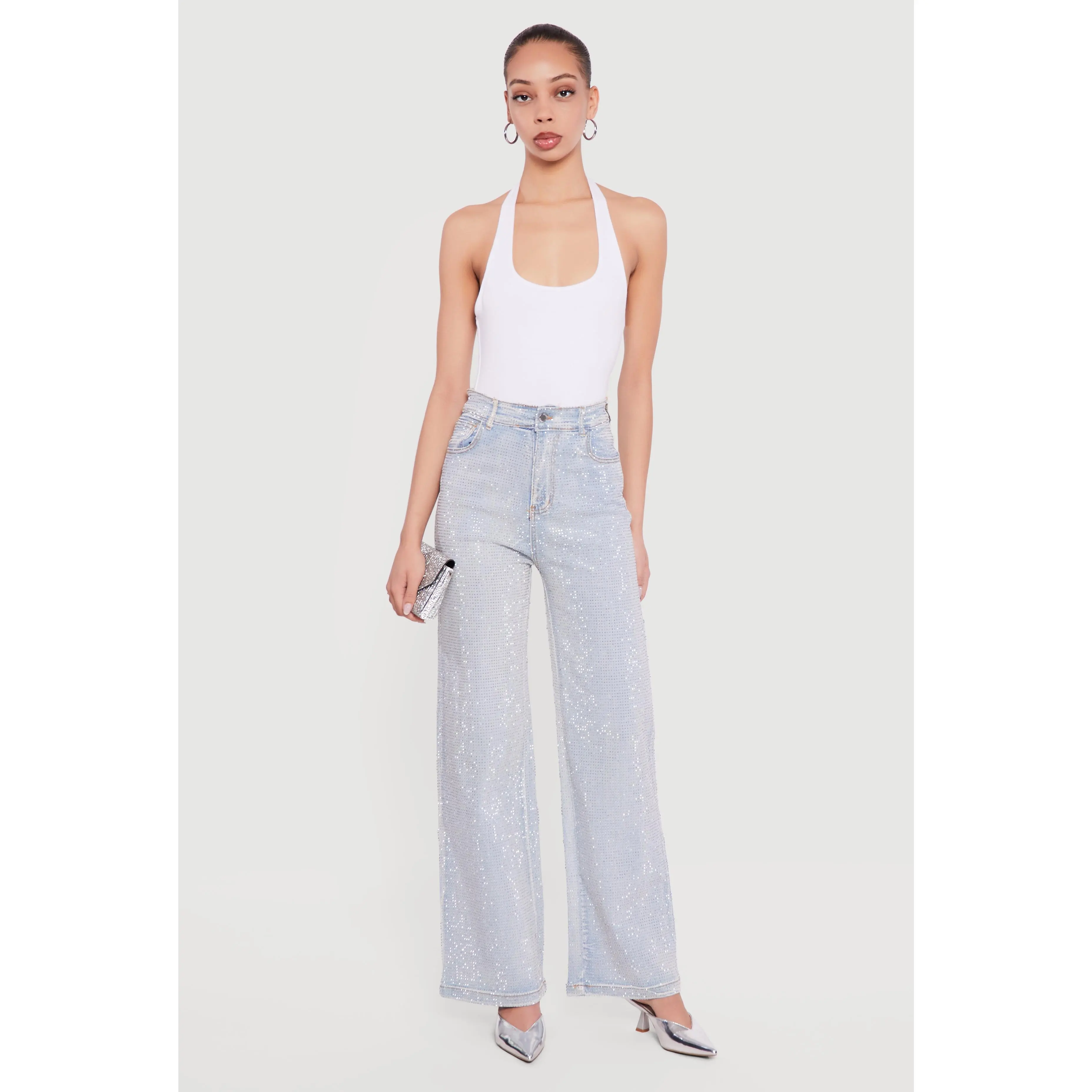 Rhinestone Studded High Waisted Straight Leg Jeans