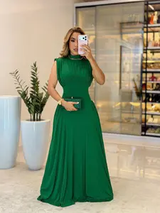 Elegant Chic Sleeveless Long Dress, Plain Fitted Backless Gown, Fashionable Pleated Design, Perfect for Fall Holidays