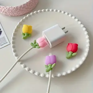 4 cute hyacinth flower line protectors - PVC material, decorative and protective charger line cover, suitable for mobile phones, computers, etc. - pink, yellow, red, purple design, line saving, Cable Organizer