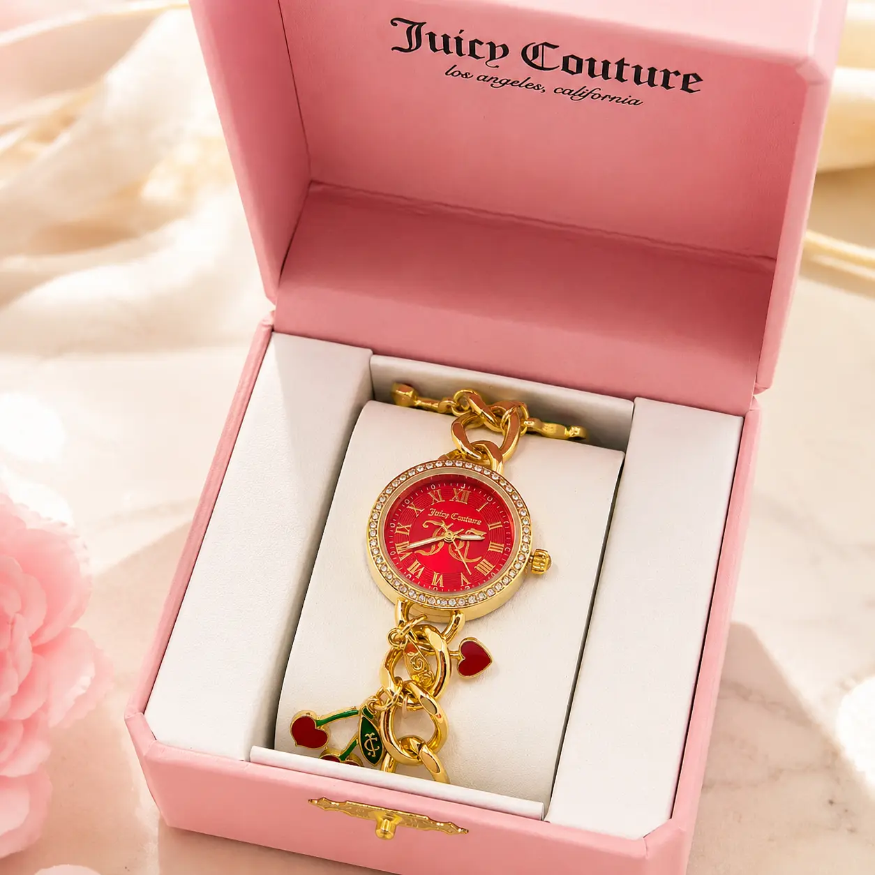 Juicy Couture Red Dial Gold Tone Watch with Heart Charm and Floral Design in Pink Box