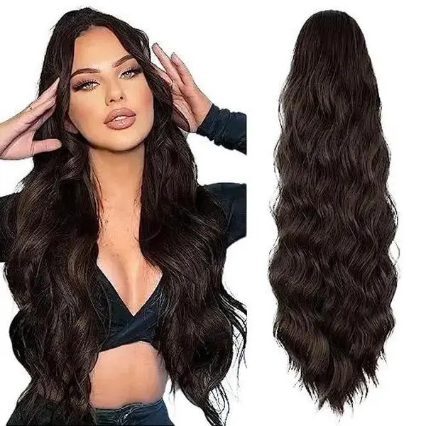 Sohochic AISI HAIR Female 26-Inch Long Wavy Drawstring Ponytail Extension, Premium Heat-Resistant Wavy Hairpieces, Fluffy Dark Brown Hairstyle Enhancer, Gift-Ready for Daily Wear & Halloween