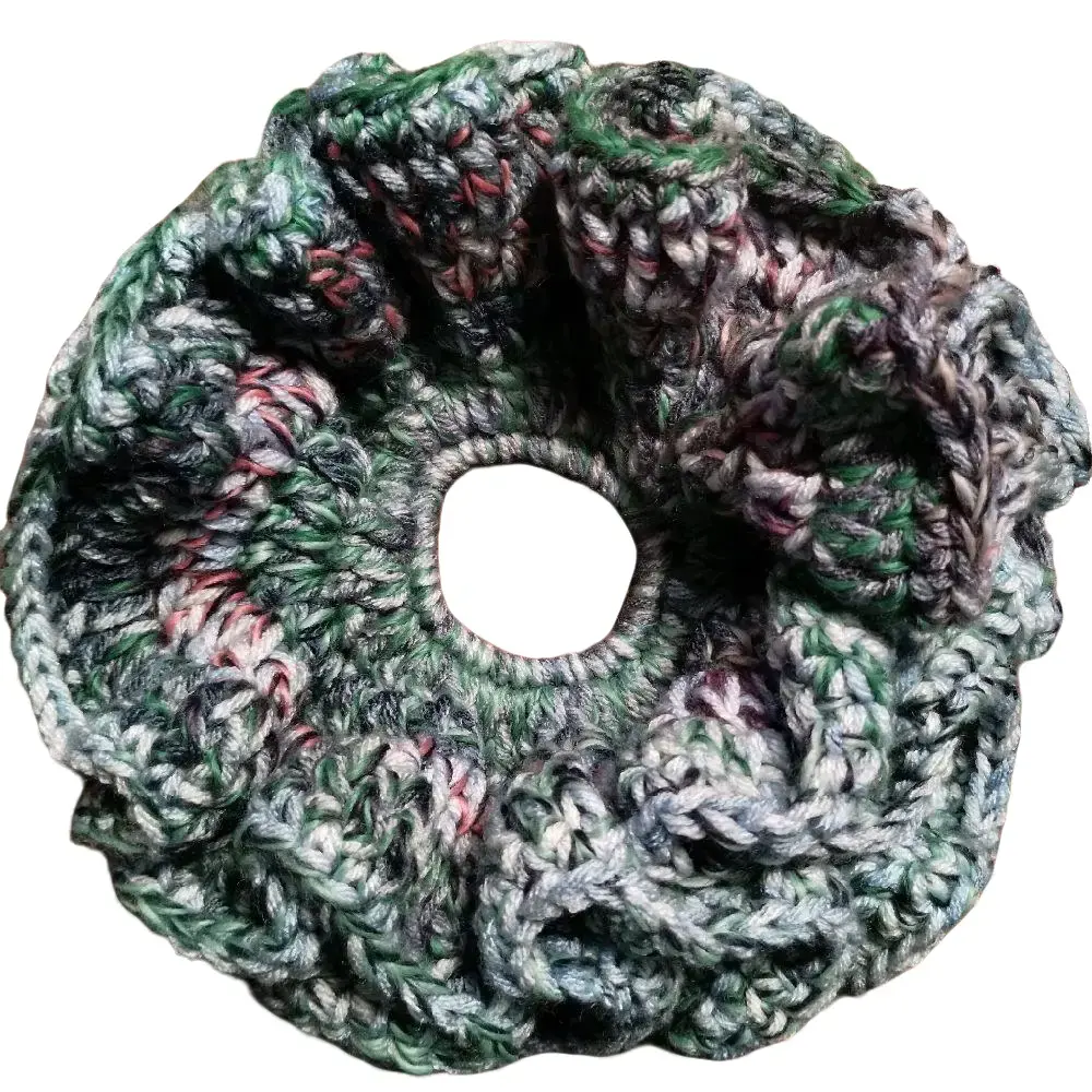 Four Row Crocheted Scrunchie - Green and White Color Scheme Hair Accessory