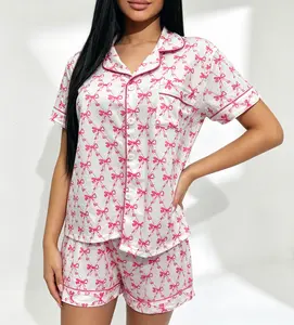 Women's 2-Piece Bow-Patterned Short-Sleeve Pajama Set - Button-Down Top, Matching Shorts, All-Season Comfortable Loungewear