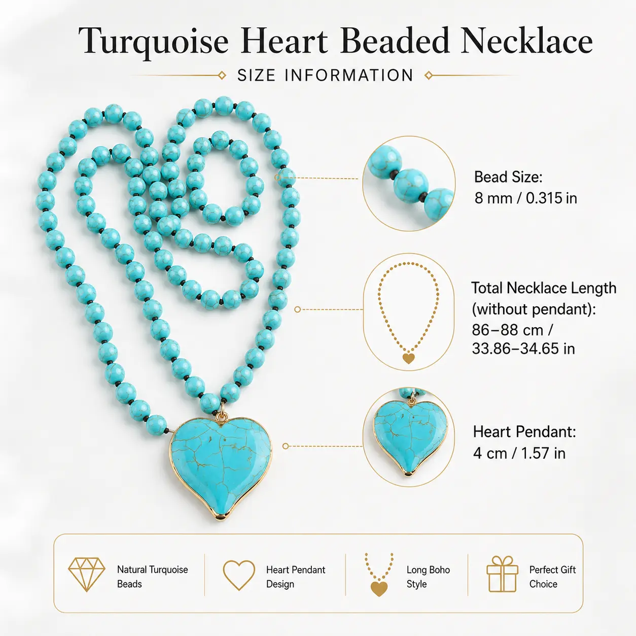 Boho Heart Pendant Necklace for Women, Long Turquoise Beaded Necklace with Gold Tone Charm, Statement Summer Jewelry Gift, Heart Necklace Pendant, Gold Heart Necklace