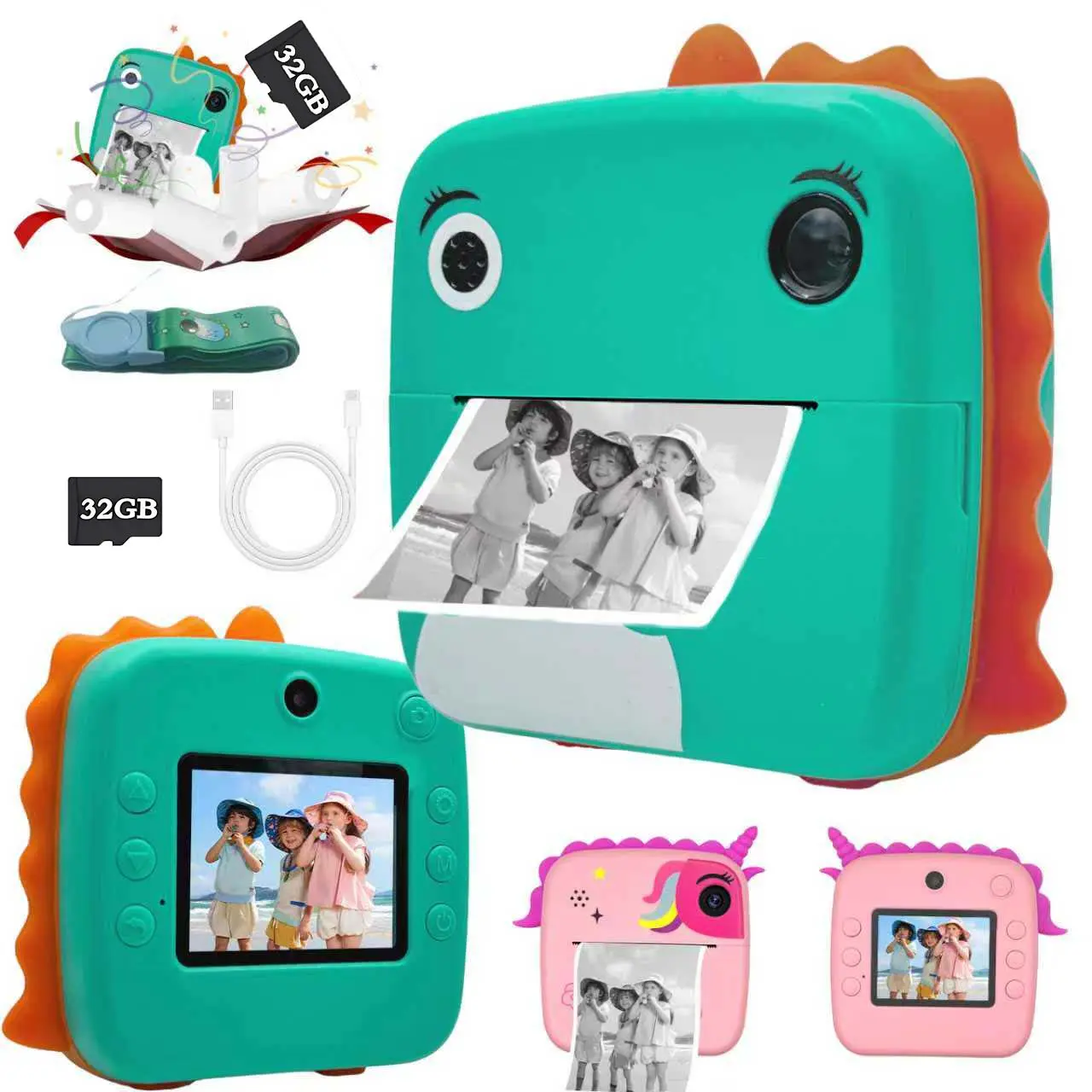 Kids Instant Print Camera, HD Dinosaur Selfie Digital Camera with 1080P Video, 32GB Card Included, Perfect Halloween & Birthday Gift