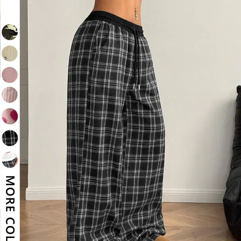 Women's Casual Loose Plaid Wide Leg Pants, Comfortable All-Season Wear, Stylish Pocket Design, Versatile College Wind Home Clothes, Casual Street Trousers, Casual Chic Trousers, Casual Fashion Pants