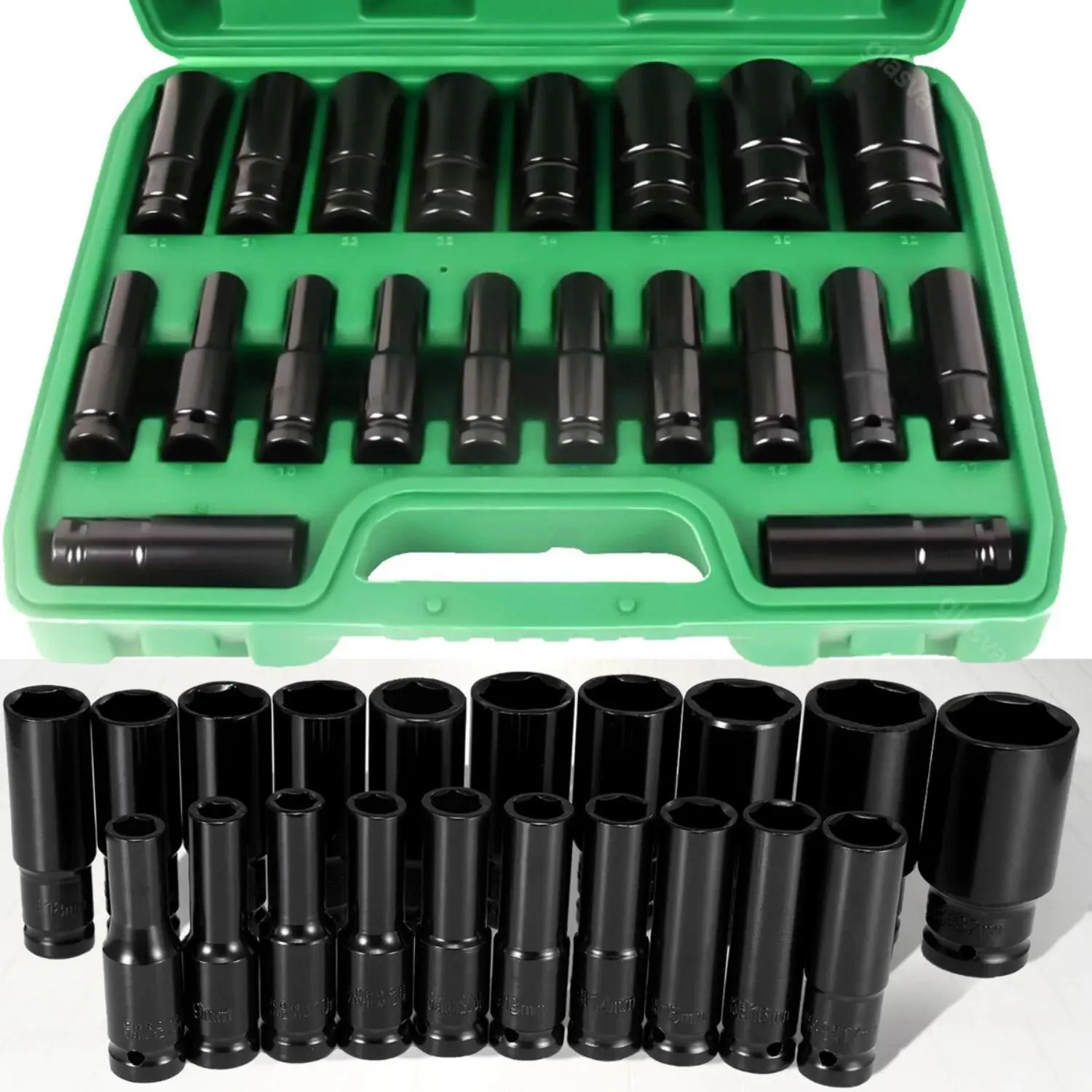 20pcs Matte Black Oxide Finish 1/2"-Drive Cr-Mo Steel Impact Socket Set, 6-Point Deep-Well Sizes Metric 8-32mm, HRC 45-52 Cold-Forged Auto Repair Tools, Laser-Etched Markings, Compact Organized Storage Case for Garage Projects