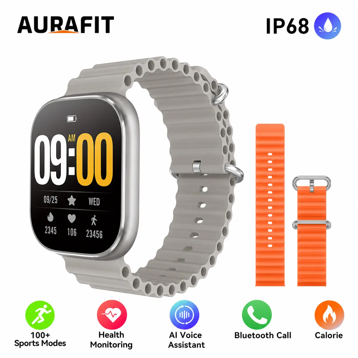 AURAFIT A8 PLUS Ultra Smart Watch | 1-Second Fast Pairing, Instant IG Message Reply, Bluetooth Calling, IP68 Waterproof, Wireless Charging, Heart Rate & Sleep Monitor, Multi-Sport Modes, Step & Calorie Tracker