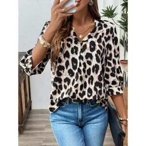 Women's leopard print round neck shirt, casual shirt, business office casual 3/4 sleeve top, all season women's clothingRAIMENTRY