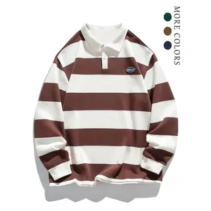 Men's Casual Striped Polo Shirt, Button Collar Design, Fashion Patched Logo, Loose Fit Style, Perfect Daily Wear & Streetwear Choice