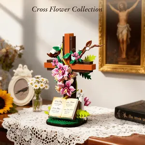 Jesus Cross Flower Building Set, Religious Cross Collectibles Compatible with Lego Jesus Pink Catholic Building Toys,Christian, Gift for Mother Day, Women or Adults (568 PCS)