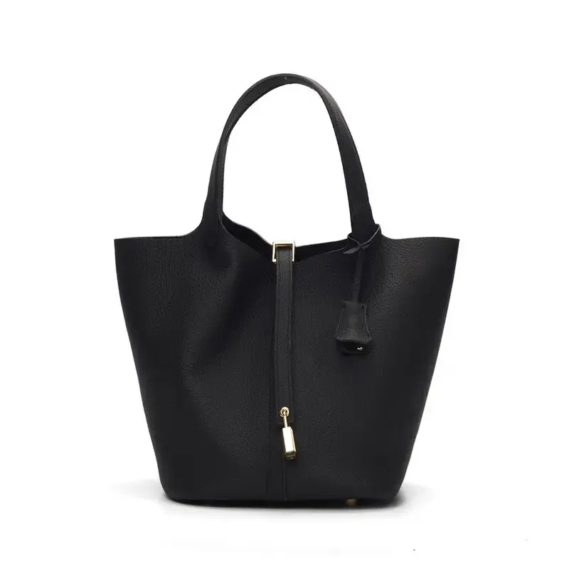 Basket Handbag Black Leather Large Capacity Wear Resistant Anti-Theft Daily Commute Bag SADI