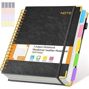 Hardcover Large Spiral Notebook 8.5" x 11" with Removable Dividers Tabs, 300 pages Leather 5 Subject Notebook College Ruled, A4 Journal for Women Men, Notebooks for Work School Note taking,Black