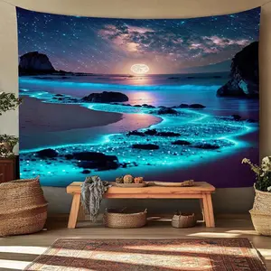 Starry Beach Glow Wall Art Decor, Ocean Landscape Tapestry, Blue Moonlight Room Decoration, Aesthetic Meditation Hanging Rug for Living Room & Bedroom, Starry Sky Pattern, Home Bedroom Decor