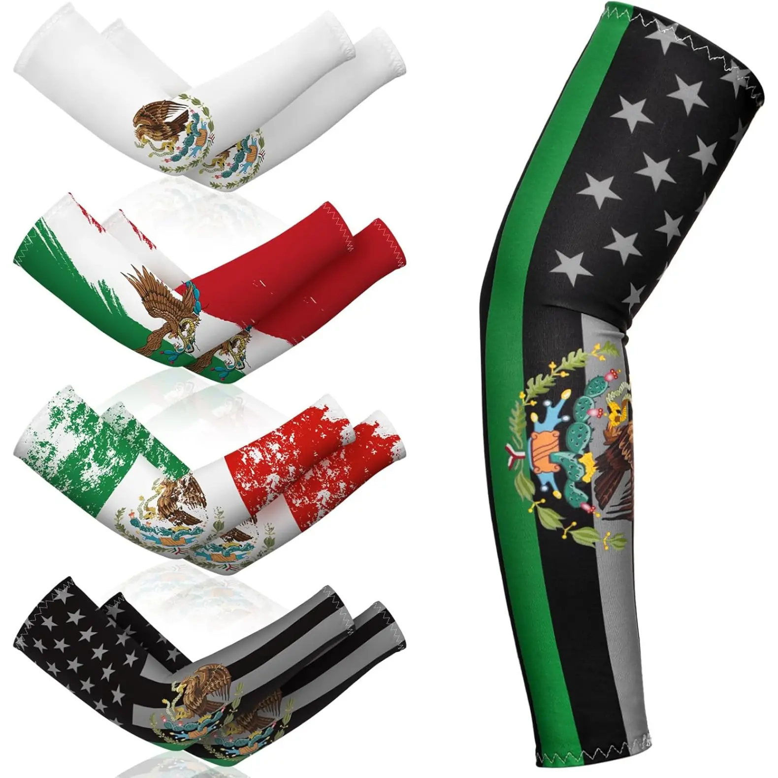 4 Pairs Unisex Cooling Arm Sleeves, Mexican & Puerto Rican Flag Print Polyester Sports Covers with UV Sun Protection, Cooling Protective Sleeves