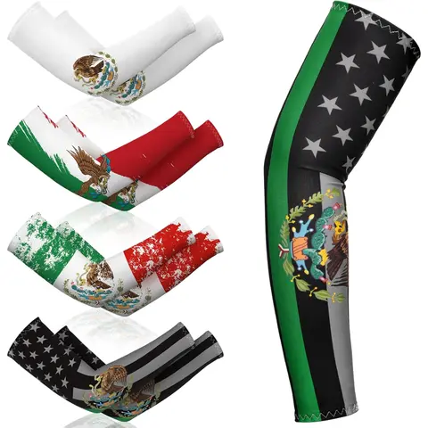 Unisex Flag-Themed Sports Arm Sleeves (4 Pairs) - Mexican, Puerto Rican Flag Patterns, Polyester Quick-Dry Fabric, Approx. 15 Inches, UV Shielding, Breathable Stretch, Arm Cuffs Sports Sleeves & Support for Outdoor Work, Warm-Weather Activities