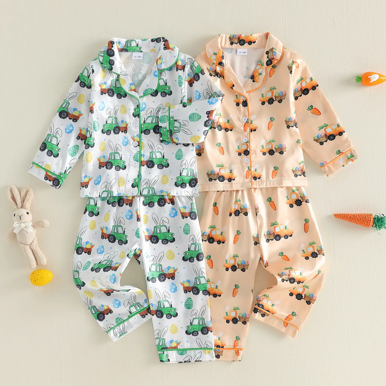 Boys 2PCS Easter Pajama Sets Long Sleeve Lapel Button Carrot Truck Print Tops Pants Sleepwear