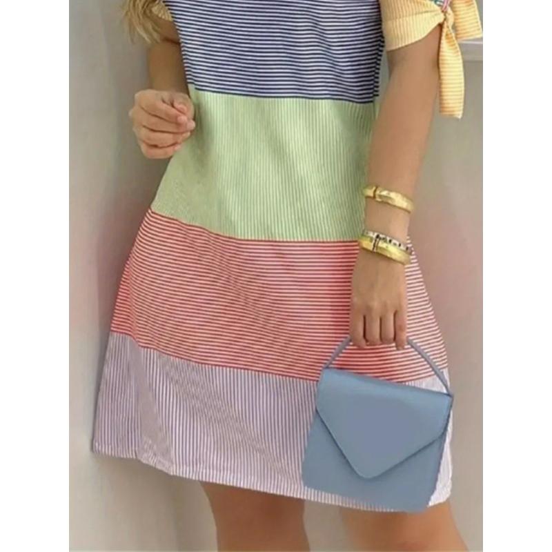 Women's Off-Shoulder Slim Fit Dress with Elegant Knot Detail - Knee-Length Short Sleeve Striped Summer Dress in Pastel Colors, Machine Washable for Spring & Summer Casual or Formal Wear, Short Sleeve Dress Collar Fabric Chic Womenswear