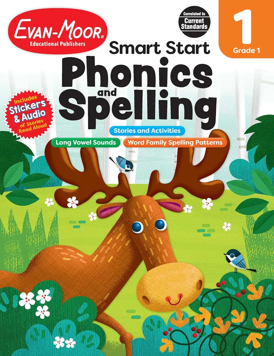 Evan-Moor's Smart Start Phonics and Spelling Workbook for Grade 1, Beginning Reading, Spelling patterns, Learn to Read, Homeschool, Word families, Stickers, Print Copy, Audio stories