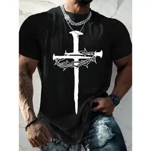 Nail Cross Crown of Thorns Christian Graphic Tee, Y2K Retro Streetwear Faith T-Shirt, Inspirational Religious Casual Top for Men
