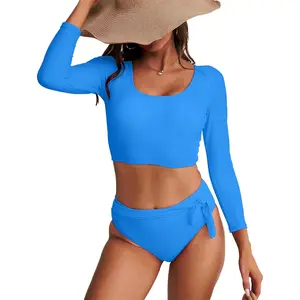 Womens Two Piece Swimsuits High Waisted Bikini Set Rash Guard Bathing Suit Long Sleeve Swimwear Crop Top Teen Girls