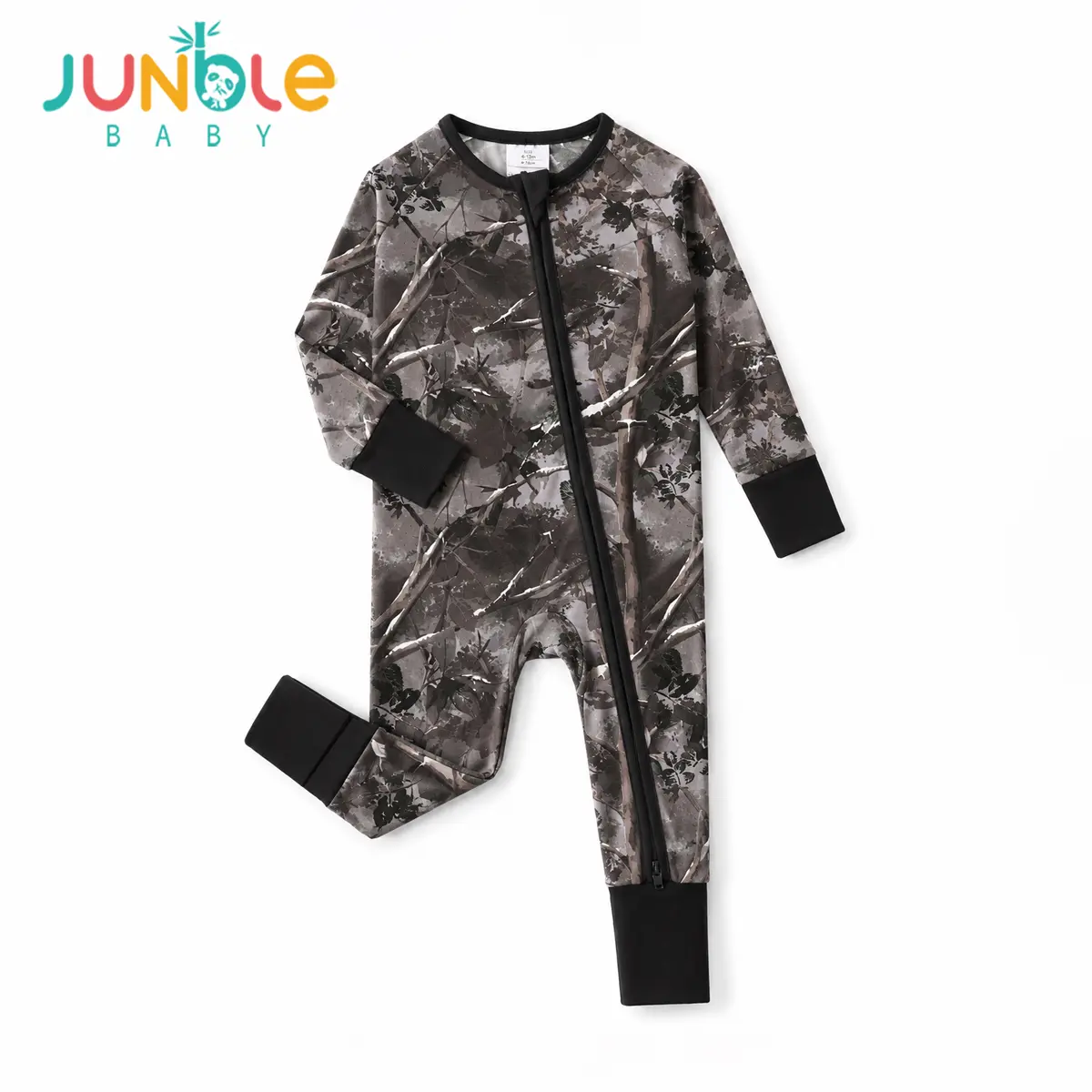 JUNBLEBABY Unisex Bamboo Long Sleeve Baby Romper - Dark Camo Forest Tree Branch Print Pajamas, 2-Way Zipper, Convertible Footies, Snug Fitting Sleepwear for Infants (0-24M)