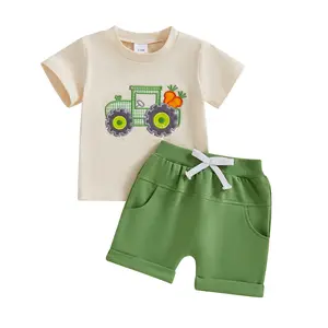 Toddler Newborn Baby Boys Summer Shorts Sets Short Sleeve O Neck Tractor Embroidery Tops and Solid Color Shorts Sets