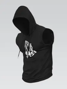 Men's Angel & Letter Print Hooded Knit Tank Top, Regular Fit Casual Sleeveless Top for Daily Wear, Men's Clothes for All Seasons, Socks