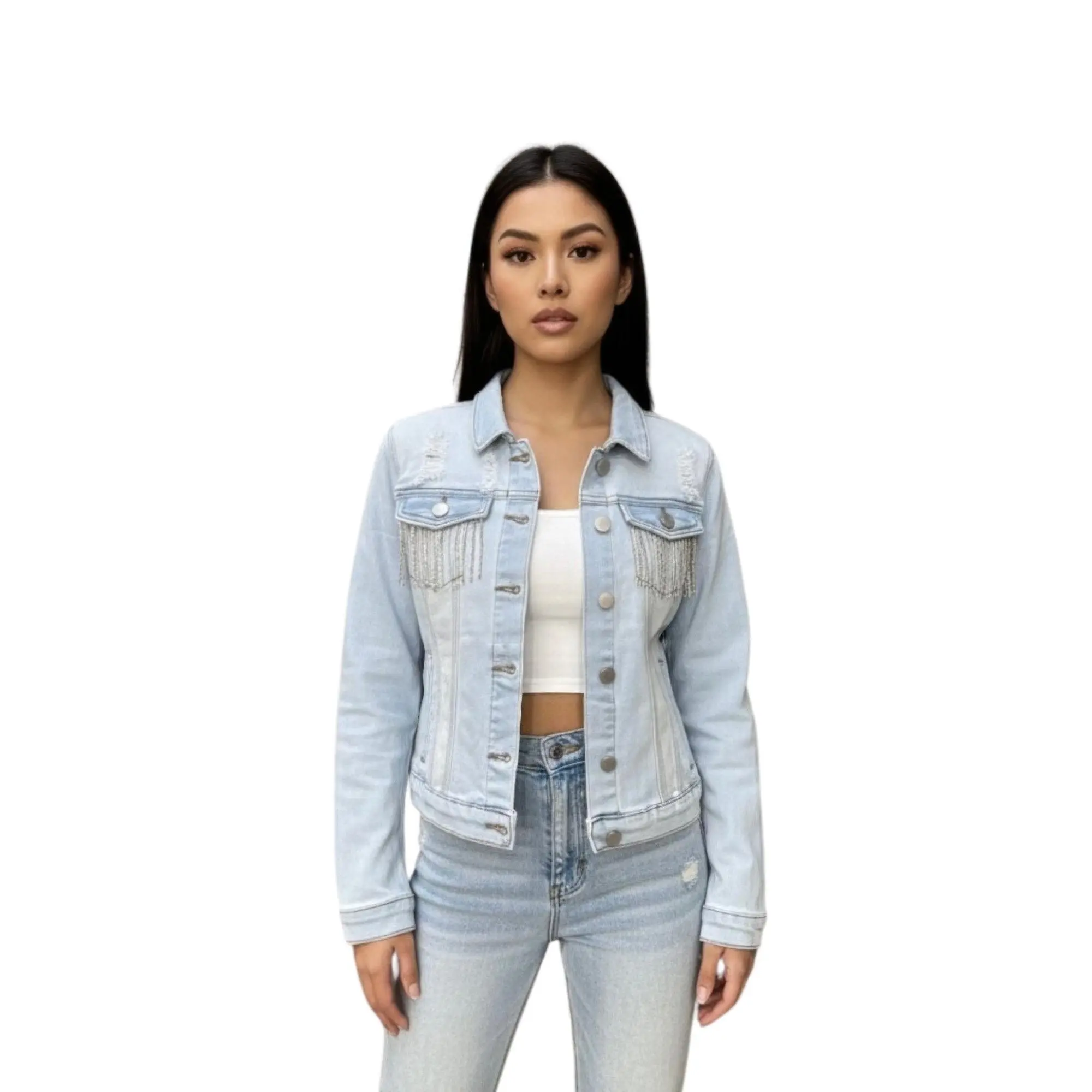 Women's Distressed Jean Jacket, Rhinestone Fringe Detail, Light Spandex Blend, Versatile Outfits Top for Coats Layering
