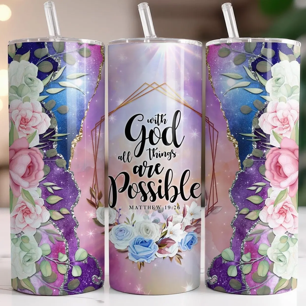 With God Christian Tumbler | Christian Gifts for Her | Galexy Bible Verse Church Cup with Straw | Motivational Christian Mug
