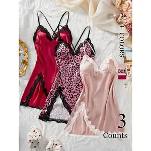 3pcs Slit Contrast Lace Pajama Set, Lace Up V Neck Backless Sexy Dress, Women's Elegant Nightdress & Loungewear Cowrie Savage x fenty