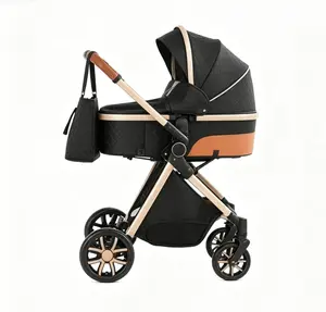 High Landscape Reversible Baby Stroller Travel System W/ Metal Frame Adjustable Seat Foldable Portable Beige Black For Everyday Use
