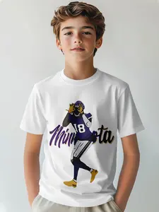 Boys American Football Player Cartoon T-Shirt, Team Theme Top, Short Sleeve Peter Pan Collar, Slim-Fitting Casual Wear