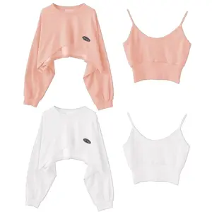 Multi-Color Cropped Long Sleeve Sweatshirt & Knit Cami Sweatsuit Set – Stylish Long Sleeve Tops for Winter Outfits Women, Perfect for Casual Streetwear & Cozy Daily Looks
