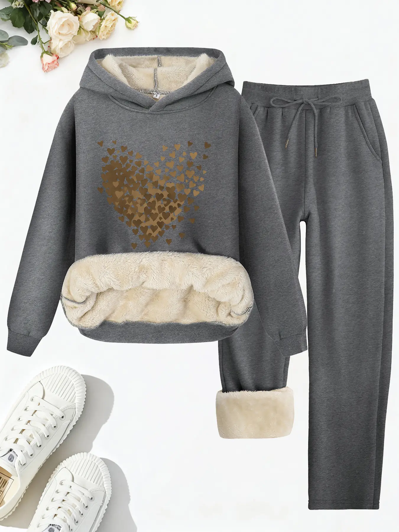 Men's Casual Hooded Sweatshirt & Pants Set, Fleece Lined Thick Knit Fabric, Heart Pattern Print, Fall Winter, Warm Fitted Two-Piece Clothing, Co Ord Sets