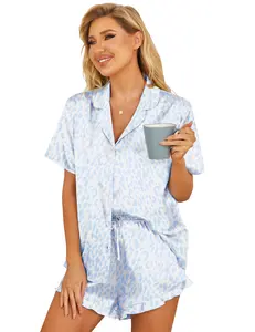 Womens Satin Pajamas Set Button Down 2 Piece Silk Pjs Shorts Set Ruffle Lingerie Notch Collar Sleepwear