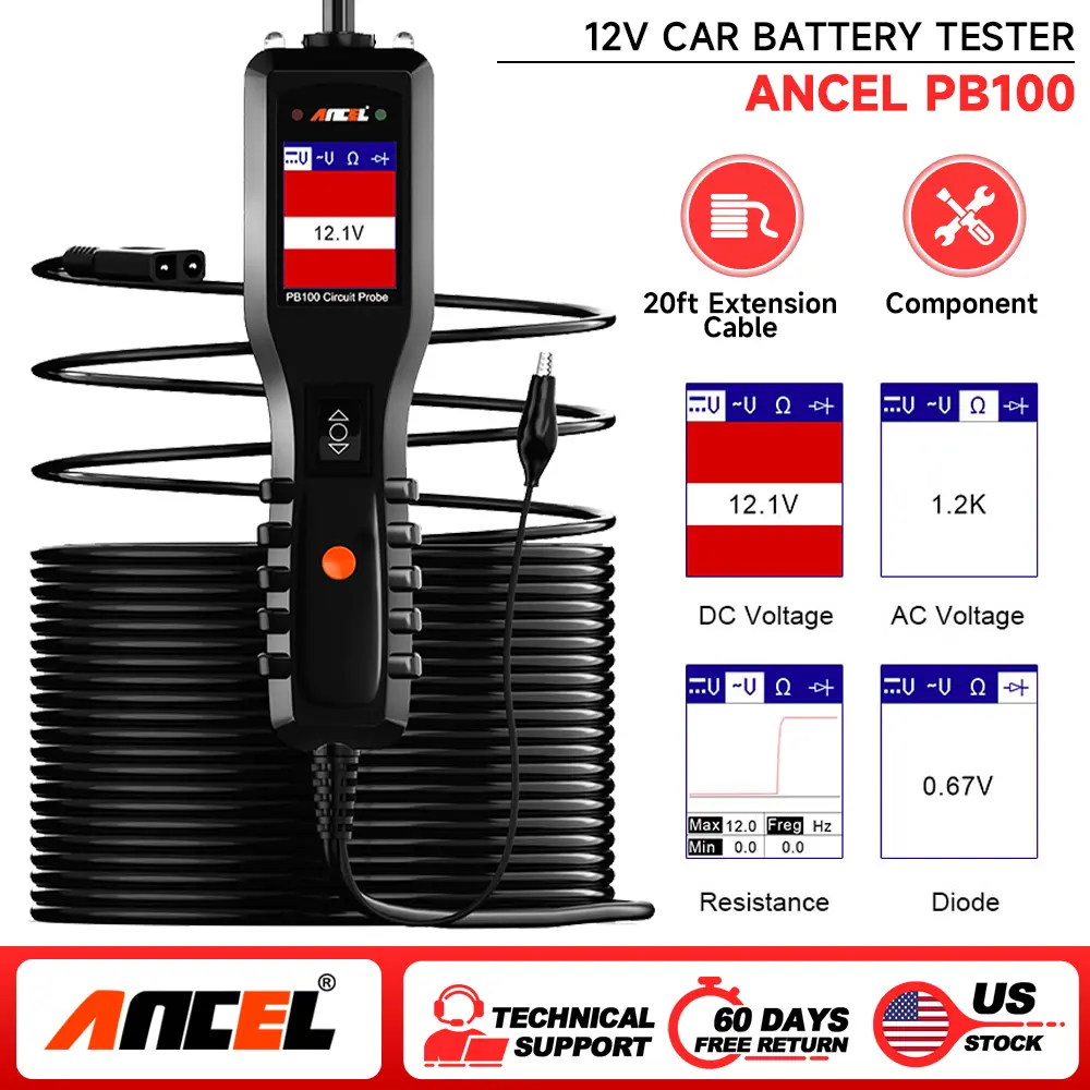 ANCLE PB100 Automotive Circuit Tester Probe Kit 12-24V Electrical Power Scan Tool with 4 Working Modes Overload Protection 20FT Cable
