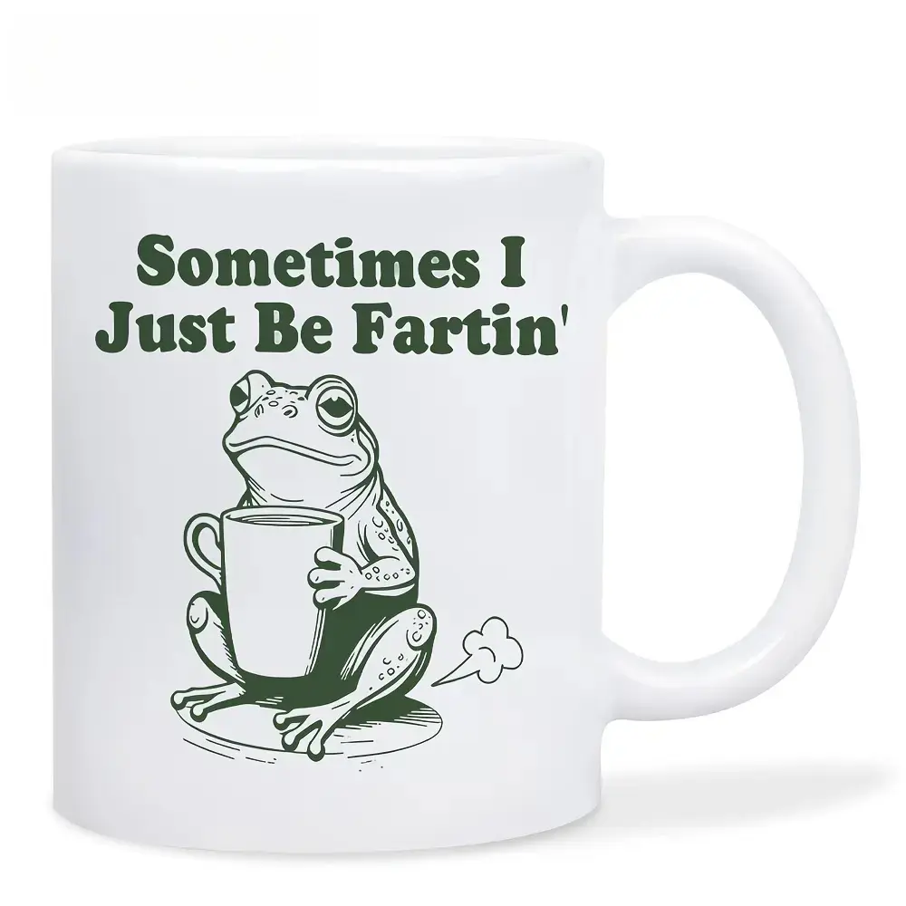 11oz Sturdy Glossy Printed Ceramic Frog Animal Mug - Colorful Watercolour Stripes Cartoon Beverage Cup with Funny Letters "Sometimes I Just Be Fartin'", Washable Gag Gift for Work Bestie