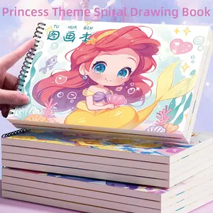 Princess Theme Spiral Drawing Book 280 x 190mm Large Landscape Size, Thickened Beige A4 Paper Resistant to Ink Bleed, Available in 30 Sheets, 180 Degree Lay Flat Binding for Drawing Coloring and Creative Projects