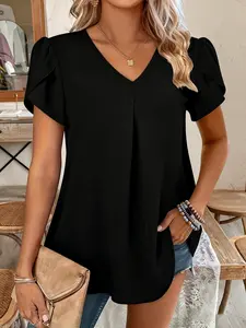 Women's Plus Size Plain Design Short Sleeve Shirt, Summer Loose Breathable Top, Casual Fashion Blouse for Daily Wear