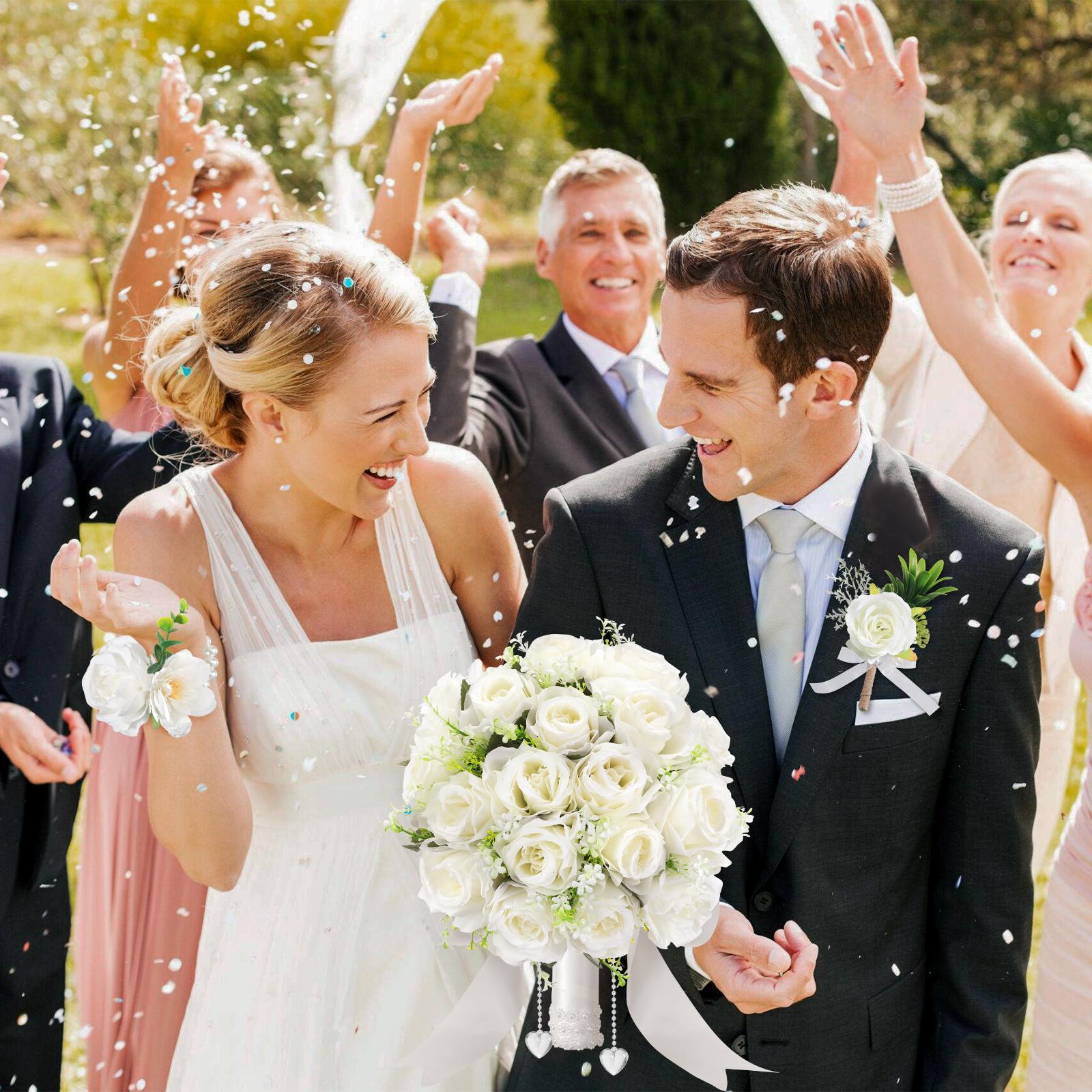 Wedding Bouquets for Bride Bridesmaid，White Champagne Roses Flowers for Bride Bridesmaid，for Home Wedding Party Ornaments Lifelike Fake Plant Fruit， Church Decoration, Ceremony, Anniversary