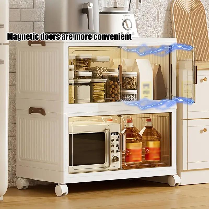 Stackable plastic storage boxes with transparent doors, durable foldable design, suitable for kitchen and home organization, multi-purpose folding cabinet boxes, kitchen storage boxes and storage cabinets.