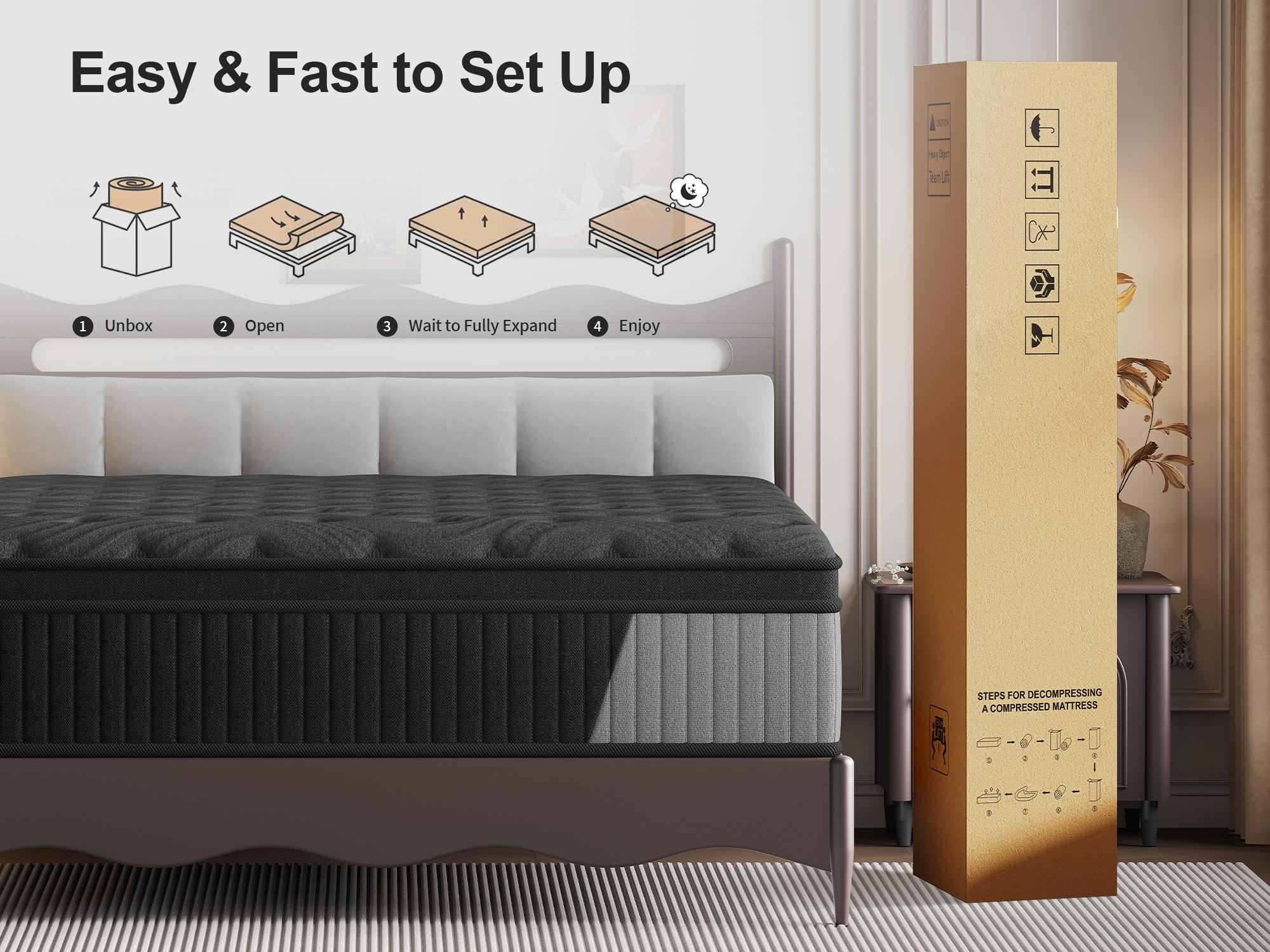 【10/12/14 Inch】Twin Full Queen King ,black Hybrid Memory Foam Mattress in a Box | Pocket Spring + Zoned Support | Soft and Comfortable, Pressure Relief, Medium Firmness, CertiPUR-US Certified(mattresses | queen size mattress | full size mattress)