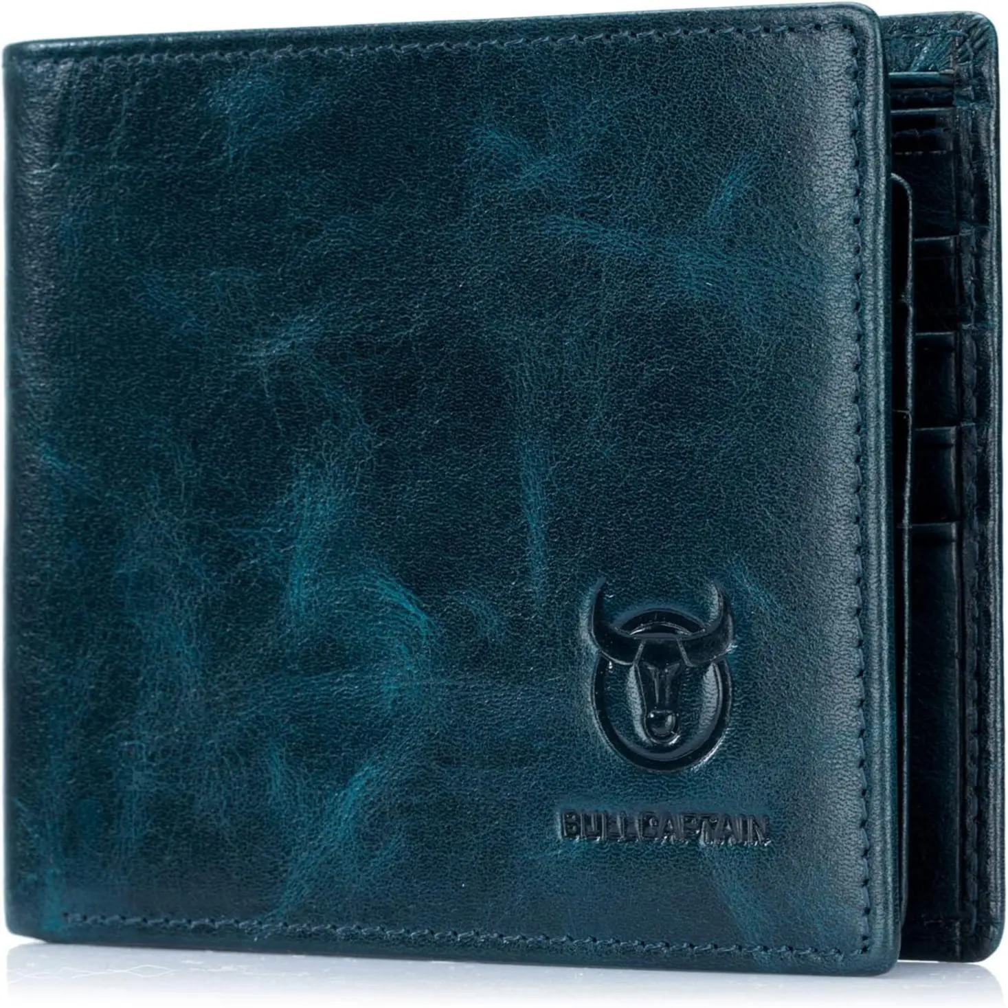 BULLCAPTAIN RFID Wallets for Men Slim Bifold Genuine Leather Front Pocket Wallet with 2 ID Windows QB-05 (Peacock Blue) BULLCAPTAIN