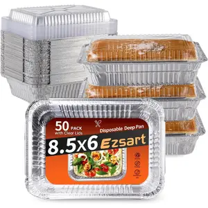 Aluminum Pans with Clear Lids 50 Pack 2.25LB Capacity Disposable Pans with Plastic Dome Lids 8.5"x6" Heavy Duty Tin Foil Pans for Cake Baking Cooking Heating Storing Prepping Food