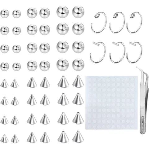 YADOCA Unisex 3mm/4mm 316L Silver Stainless Steel Non-Piercing Body Jewelry Set - Fake Nose Rings Set, Geometric Lip/Eyebrow Studs, Tweezers, Temporary Ear Pieces, 100-Piece Sticker (One Size, Ideal for Daughters' Birthday, Party)