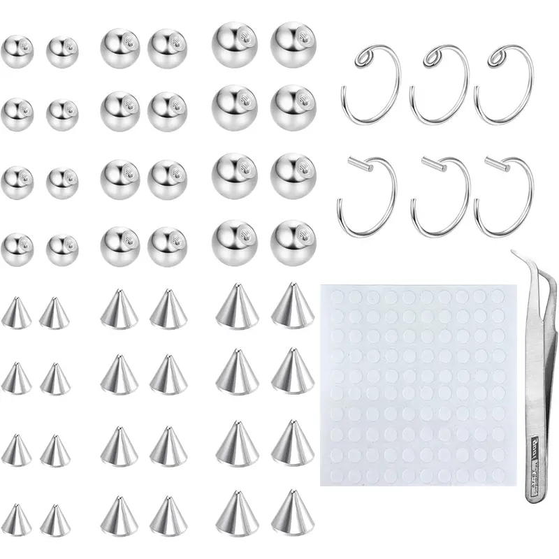 YADOCA Unisex 3mm/4mm 316L Silver Stainless Steel Non-Piercing Body Jewelry Set - Fake Nose Rings Set, Geometric Lip/Eyebrow Studs, Tweezers, Temporary Ear Pieces, 100-Piece Sticker (One Size, Ideal for Daughters' Birthday, Party)