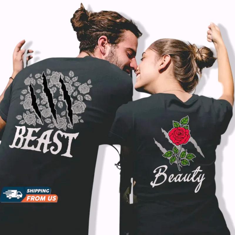 Beauty And The Beast Matching Couples Graphic Tee Pure Cotton Casual T-Shirt Trendy Tops Perfect Gift for Couples