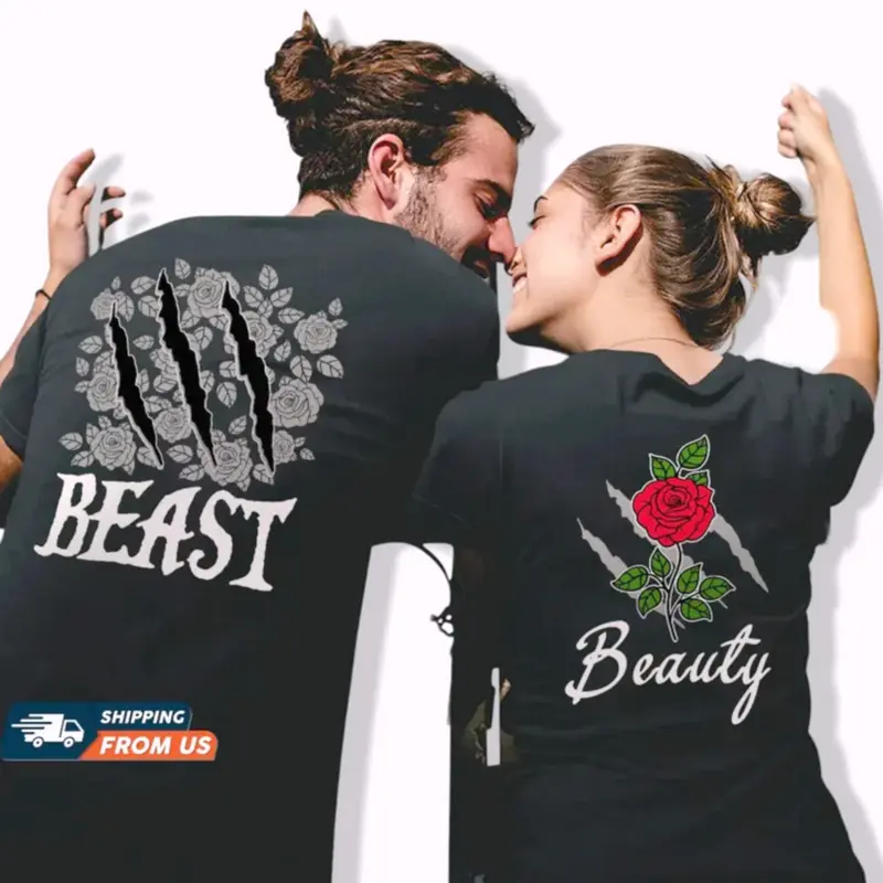 Beauty And The Beast Matching Couples Graphic Tee Pure Cotton Casual T-Shirt Trendy Tops Perfect Gift for Couples