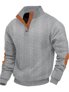 Men's Heavyweight Embossed Argyle Knit Button Stand Collar Patch Henry Long Sleeve Fitted Sweatshirt, Casual Fashion Pullover for Daily Wear Knitwear